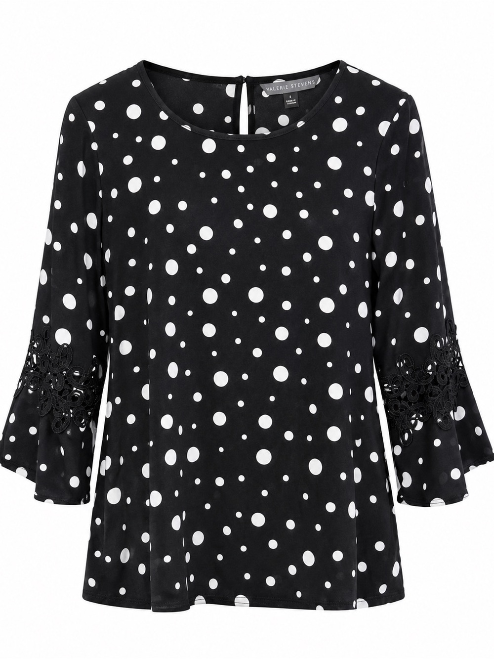 Valerie Stevens Black & White Polka Dot Blouse With Lace Bell Sleeves Size L